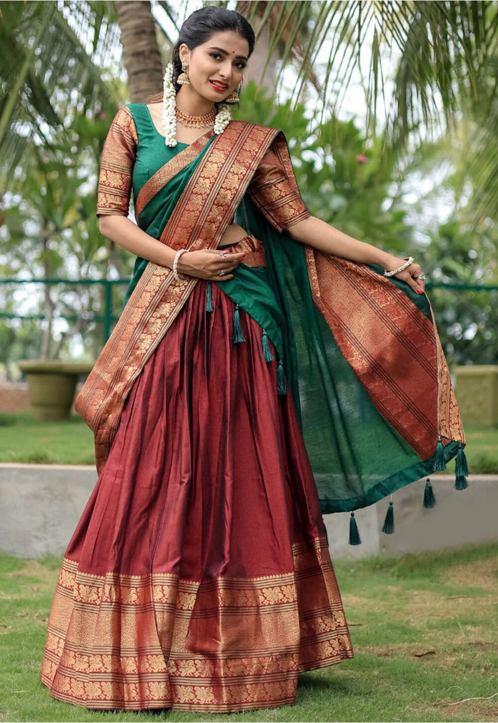 Kanjiveram Silk Zari Lehenga With Blouse Along With Banarsi Silk